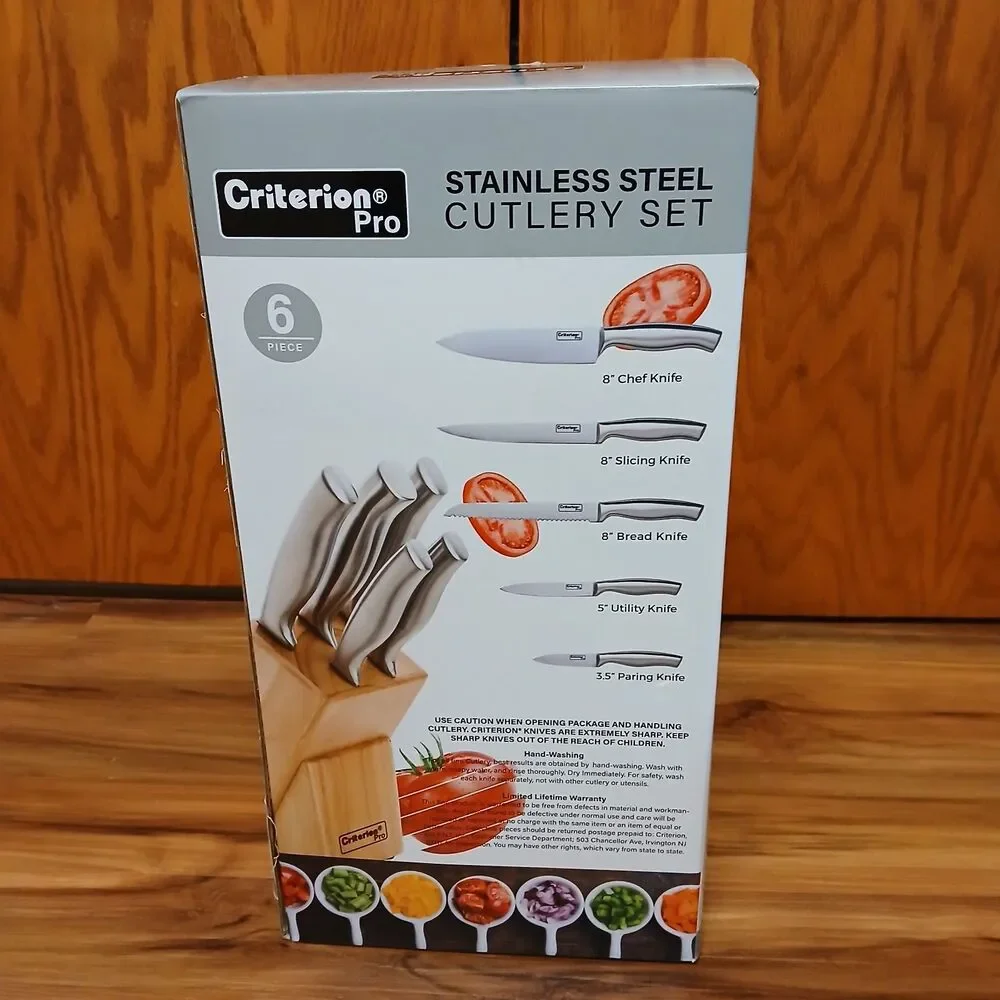 CRITERION Pro 6-Piece Stainless Steel Kitchen Knife Set with Wooden Block NEW